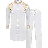 ZSJR Mens Long African 2 Piece Set Nigerian Dashiki Metallic Traditional Suit Gold Stamp Printed Shirt and Pants Outfit