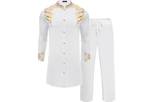 ZSJR Mens Long African 2 Piece Set Nigerian Dashiki Metallic Traditional Suit Gold Stamp Printed Shirt and Pants Outfit