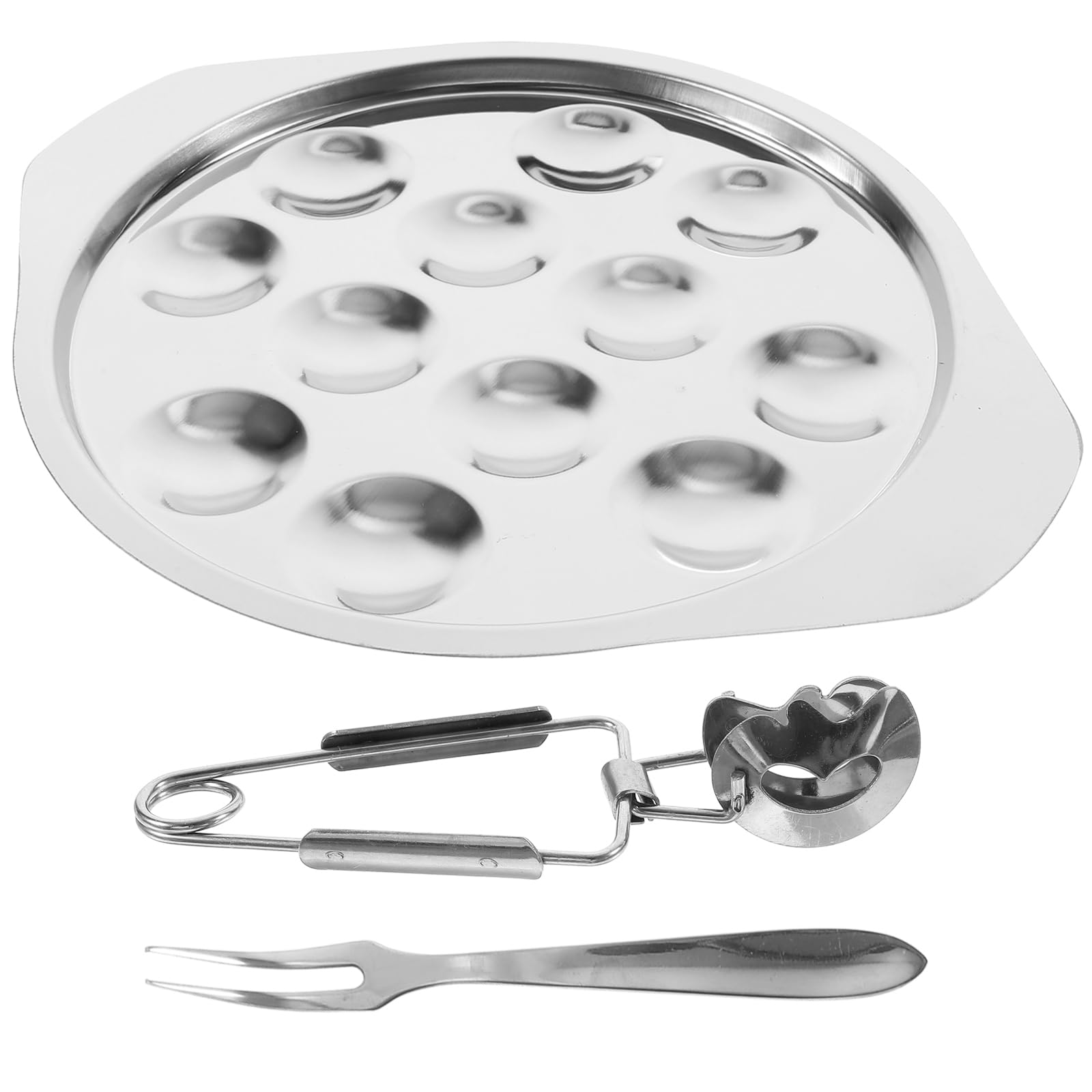 HEMOTON Snail Plate Escargot Dish with 12 Holes Conch Clamp and Two Forks Stainless Steel Serving Plate for Home and Restaurant Kitchen Use 8.74X7.28X0.59In
