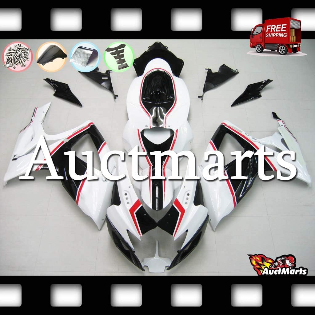 Auctmarts Injection Fairing Kit ABS Plastics Bodywork with FREE Bolt Kit for Suzuki GSXR600 GSXR750 GSX-R 600 GSX-R 750 K6 2006 2007 White Black Red Line (P/N:2g110)