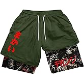 WDIRARA Men's 2 in 1 Shorts Graphic Letter Print Drawstring Workout Running Gym Shorts with Pockets