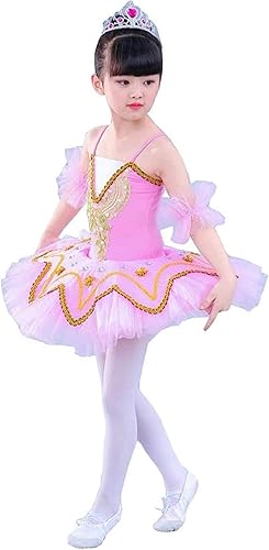 Amazon Gratty 子ども 女の子 バレエレオタード ダンスワンピース キッズ ジュニア チュチュスカート付き ふわふわ キャミ型レオタードキッズ バレエ衣装 バレエリトルスワン ビジュー付き バレエウェア バレエ用品 ピンク 130 身長目安125 135cm 変身アクセサリー
