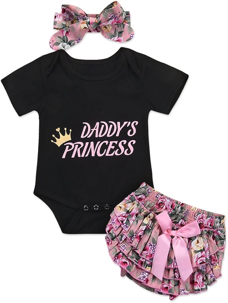 Honykids 3PCS Newborn Baby Girl Romper Jumpsuit Bodysuit +Pants Shorts+Headband Outfit Set