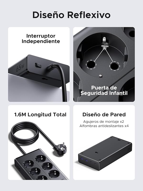 10 EN 1 Regleta Enchufe PD 65W USB C Multiple 6 Tomas AC 3680W 16A — foto 5 de 8