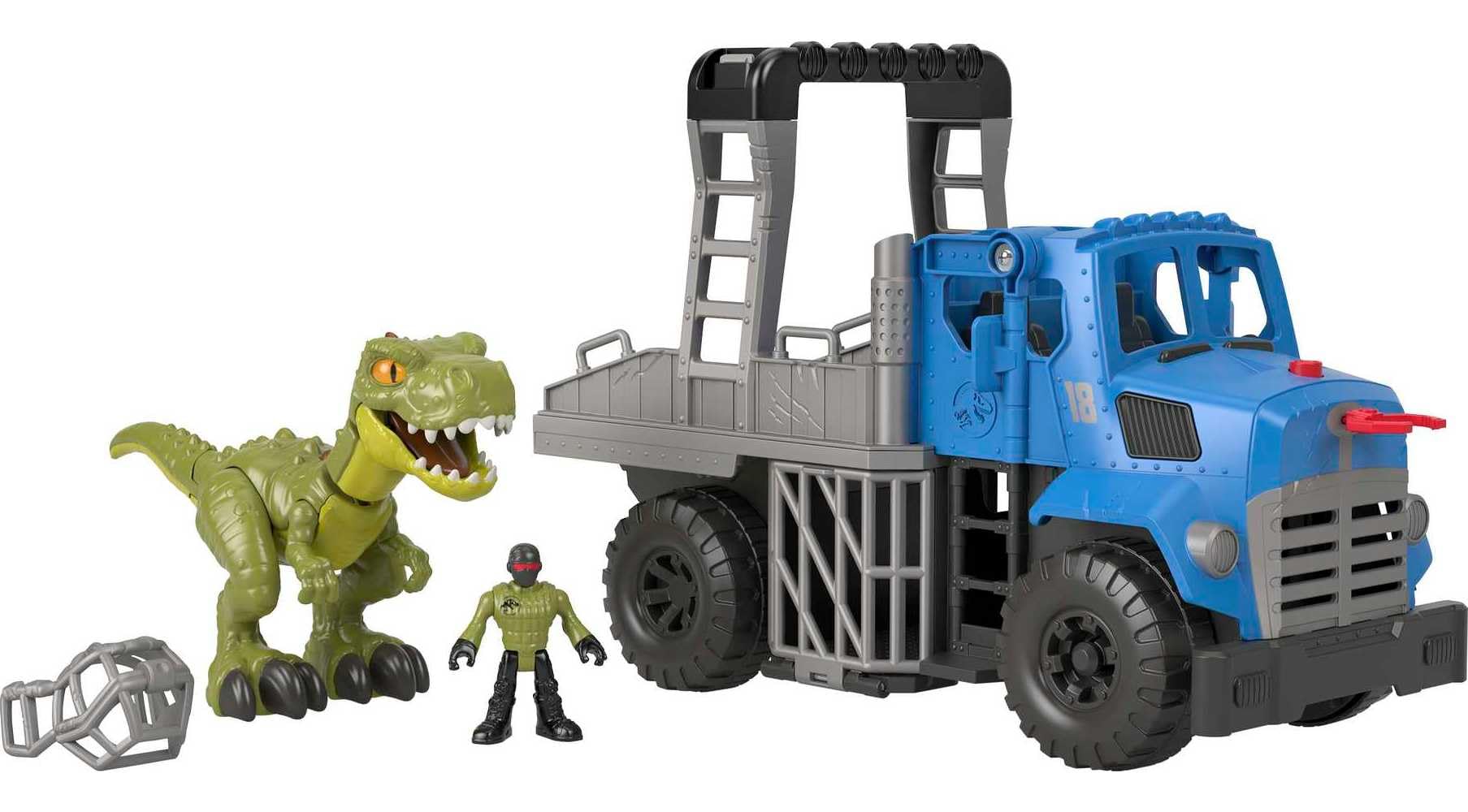 Juguete Fisher-Price Imaginext Jurassic World Dominion, vehículo Break Out Dino Hauler y dinosaurio T. Rex para niños en edad preescolar a partir de 3 años