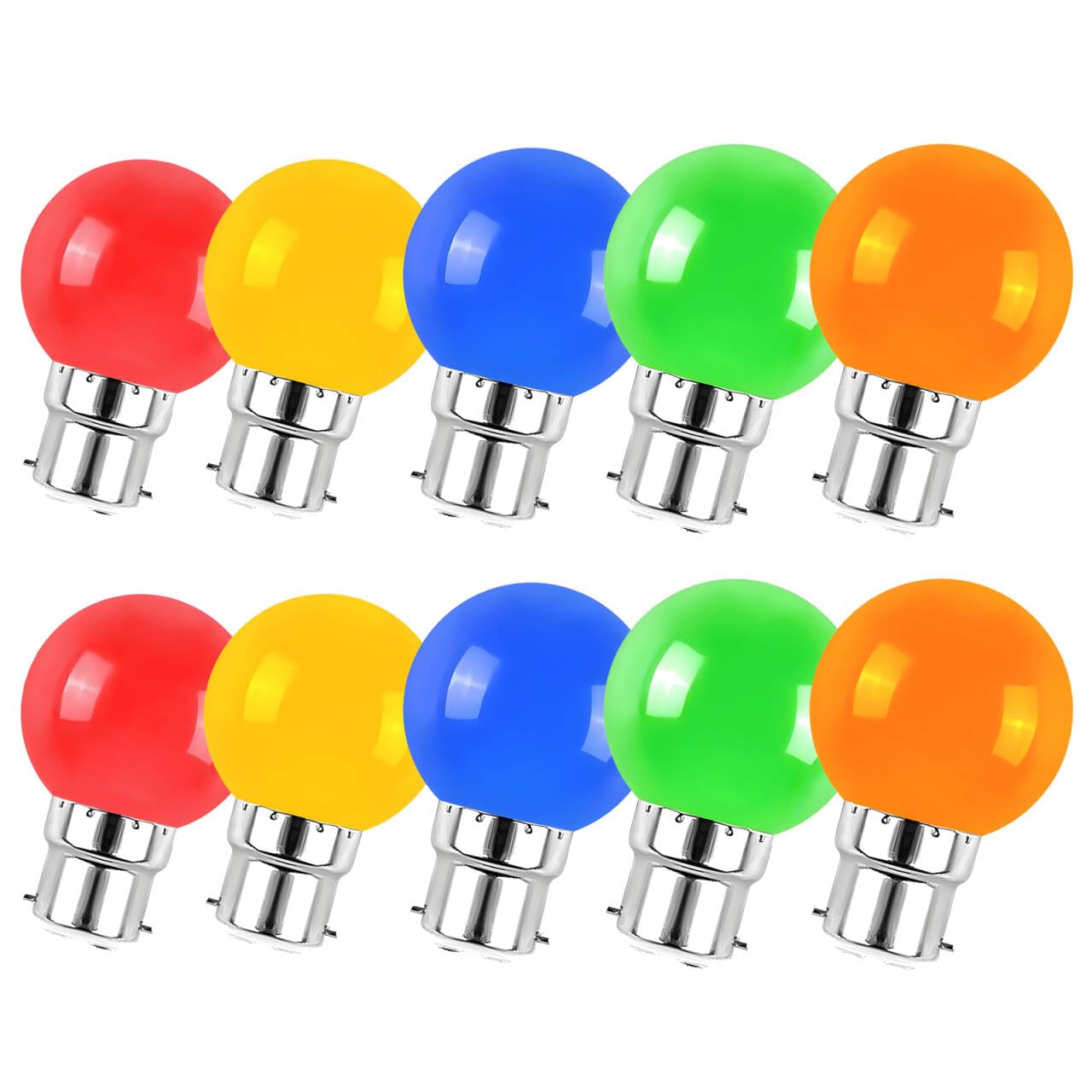 10 Pack Coloured Light Bulbs Bayonet B22 2W, AC220V, Non-dimmable, Plastic Cover, Multicoloured Bulbs for Outdoor Indoor String/Wedding/Party/Bar/Mood Ambiance Decor (Red Yellow Blue Green Orange)