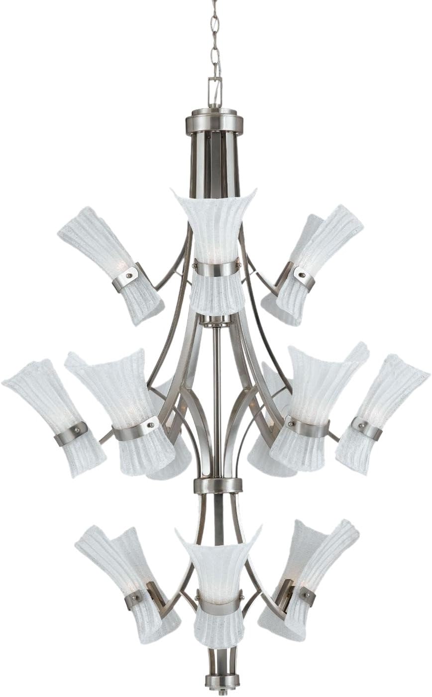 Triarch International 31555 Bali-2 12-Light 3-Tier Foyer Chandelier and White Piastra Glass Shades, 36" x 36" x 50", Brushed Steel Finish