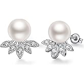 Jiahanzb 925 Sterling Silver Pearl Stud Earrings for Women Cubic Zirconia Pearl Jewelry for Ladies, White/Light Gray/Dark Gray 10MM