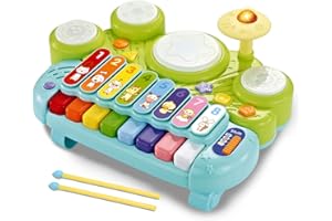 Fisca 3 in 1 Musical Instruments Toys, Electronic Piano Keyboard Xylophone Drum Set - Learning Toys with Lights for Baby & Toddler 1 2 3 Year Old Boys and Girls