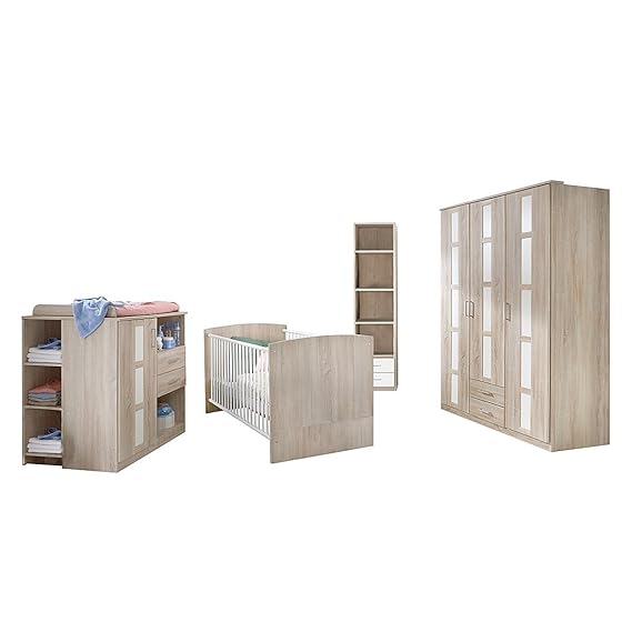 Wimex Babyzimmer Set Bambi, bestehend aus Kleiderschrank, Wickelkommode und Babybett, Liegefläche 70 x 140 cm, Eiche sägerau-Nachbildung