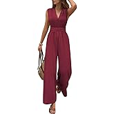 Pink Queen Jumpsuits for Women Dressy Sleeveless V Neck Wide Leg Pants Romper Casual Vacation Outfits