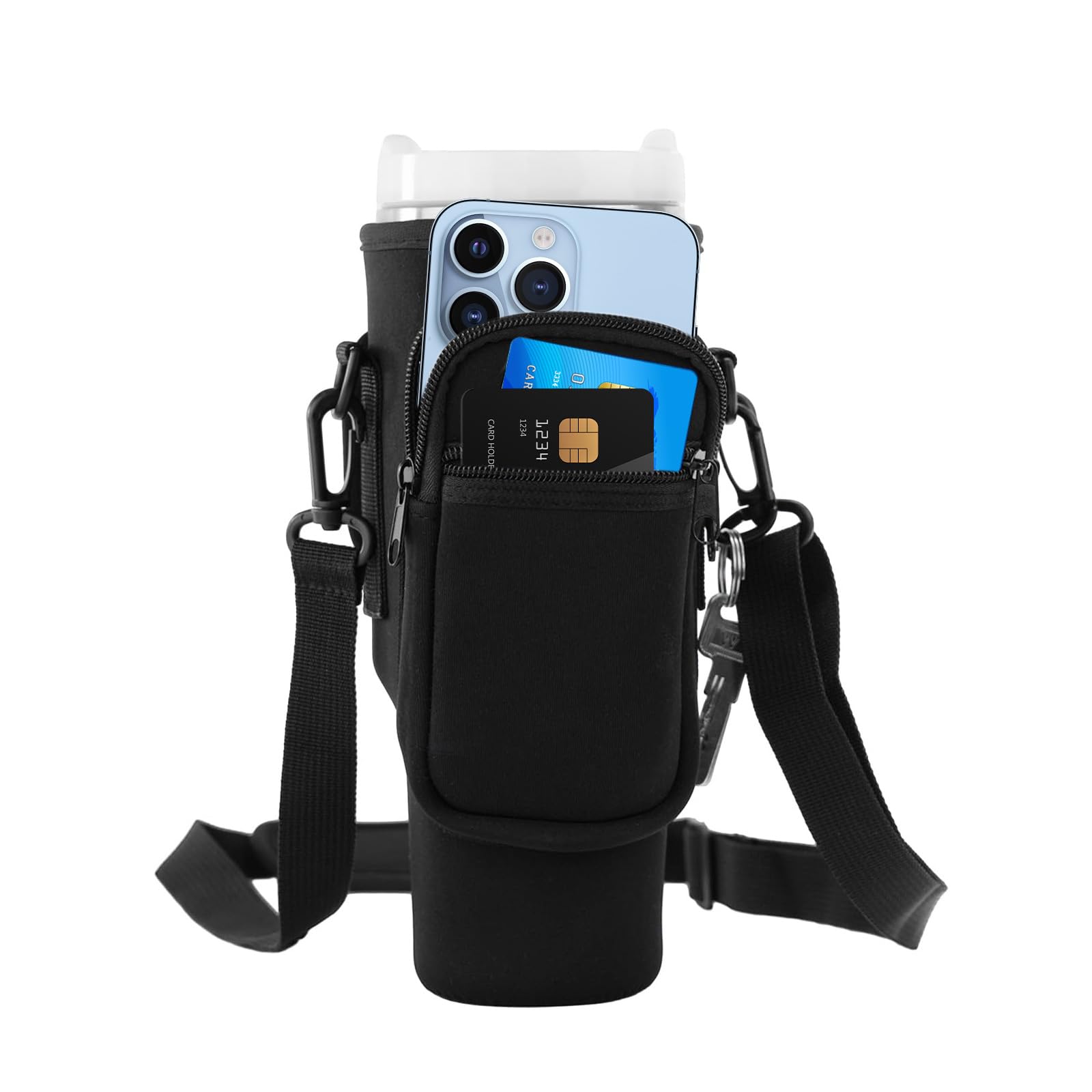 Vordpe Carry Bag for Stanley Cup 40 oz, Water Bottle Carry Bag with Mobile Phone Pocket, Adjustable Strap, Carry Handle, for Travel, Hiking, Running, Cycling (Black)
