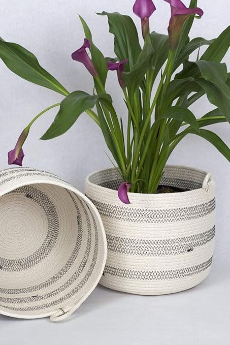 Printshoppie Handcrafted Woven Round Pots Bag Natural Cotton Plant Bag Pot Bags for All Plants Home Room Hall Decor Indoor Outdoor Plant Sack Cum Basket(White-Silver) (12x10) (1)