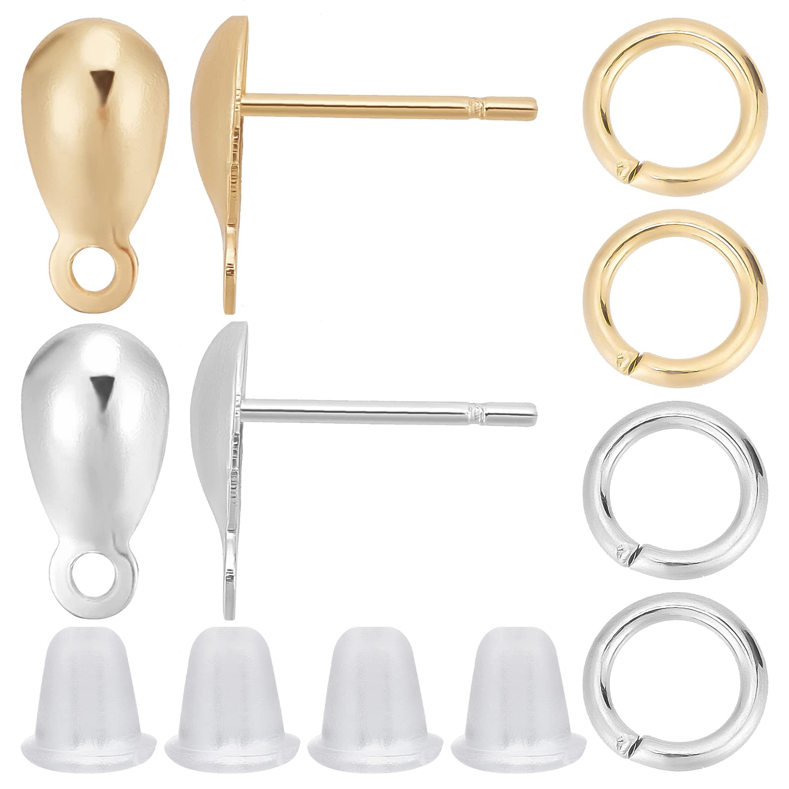 CREATCABIN 1 Box 100Pcs 18K Gold Plated Teardrop Stud Earring Posts 2 Color Stainless Steel Earring with Loop Findings 100pcs Open Jump Ring Plastic Ear Nuts for DIY Jewelry Making(Gold/Silver)