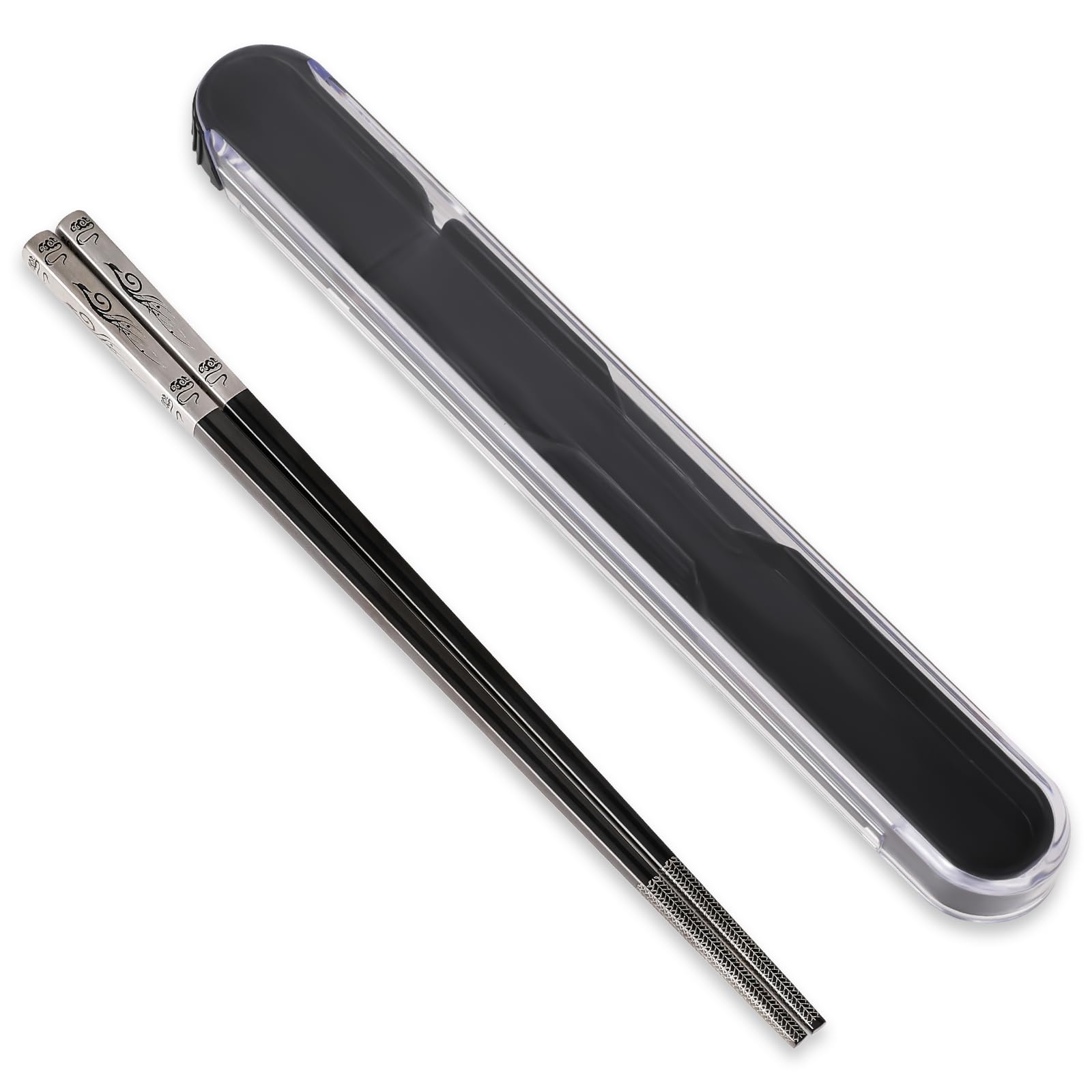 Stainless Steel Reusable Chopsticks With Pull Design Case - 8.3" Titanium Plated Non-Slip Square Laser Metal Chopsticks - Dishwasher Safe