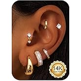 FUNRUN JEWELYR Small 14K Gold Plated Stud Hoop Earrings for Women Hypoallergenic Surgical Stainless Steel Chunky Huggie Hoops Earring Sets for Multiple Piercing Trendy Cartilage Earring Stacks Jewelry