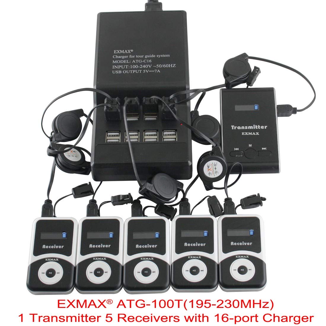 EXMAX Wireless Tour Guide Voice Audio Transmission System ATG-100T 195MHz Whisper Interpretation Equipment for Church Courtroom Simultaneous Translation(1 Transmitter 5 Receivers USB Charging Base)