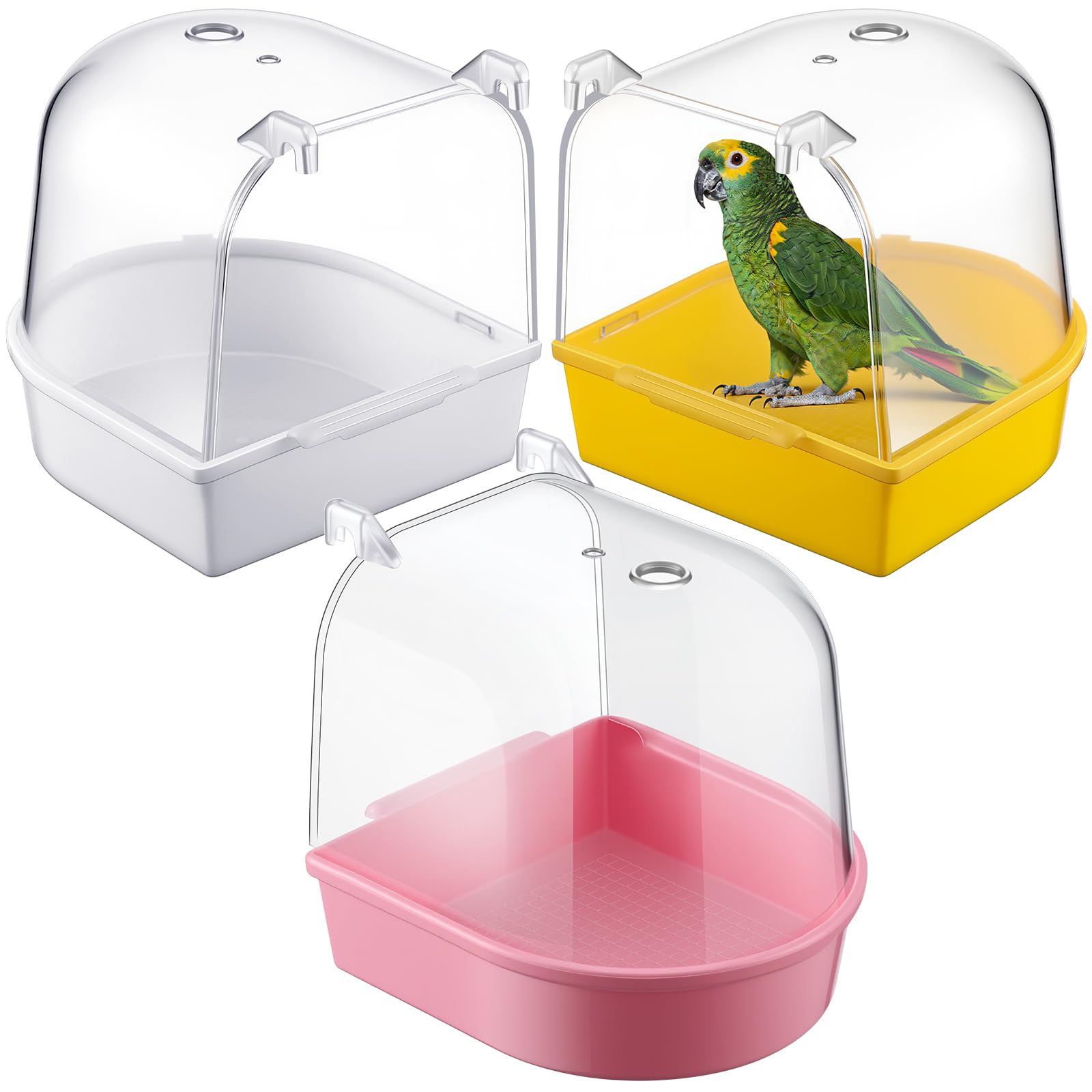 Photo 1 of Honeydak 3 Pieces Clear Bird Bath for Cage Parakeet Bird Cage Accessories Hanging Bath Box Parrot Bathing Tub with Clear View for Cockatiel Conure Canary Budgies Parrots(Bright Colors)