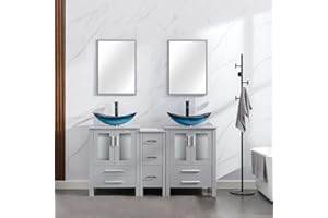 eclife 60" Modern Bathroom Vanity Sink Combo Gray W/Small Side Cabinet Blue Boat Glass Vessel Sink & Water Save Faucet & Pop Up Drain (2A29BU)