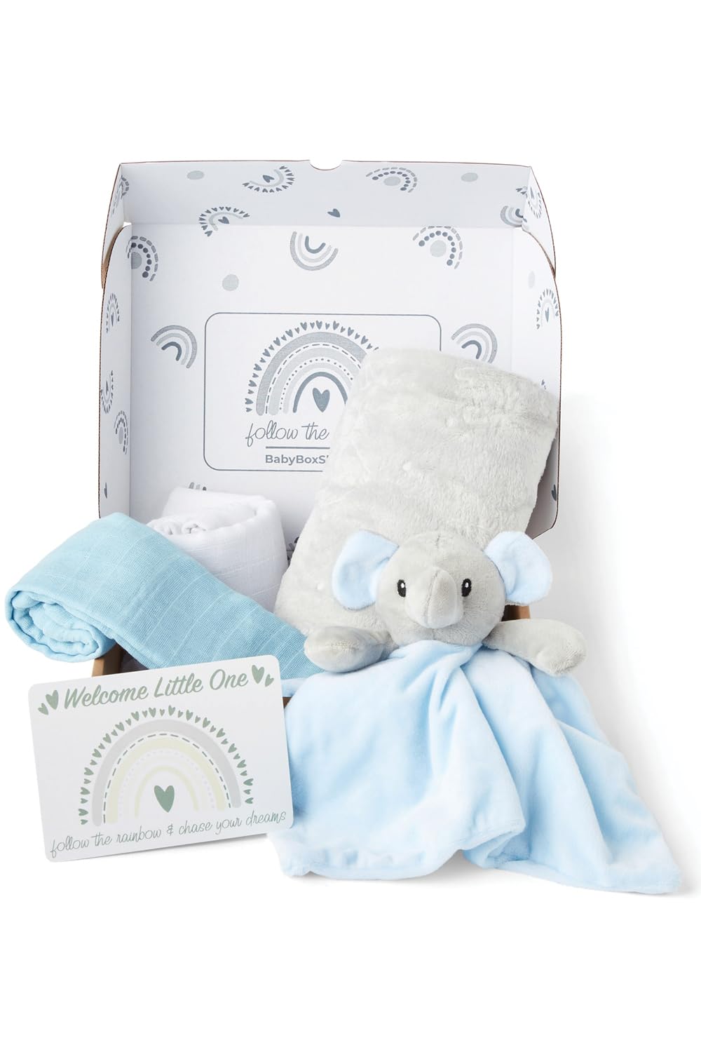 Baby Box Shop - 5 Newborn Essentials Ideal as Christening Gifts for Boys, Includes a Blue Elephant Baby Comforter, Flannel Wrap, 2x Muslin Cloths & Gift Message Card