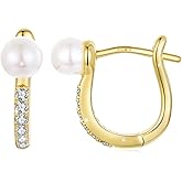 WOSTU 925 Sterling Silver Gold Shell Pearl Huggie Hoop Earrings for Women Hypoallergenic Daily Wear Fashion Jewelry Christams Anniversary Elegant Ocean Themed Pearl Earrings