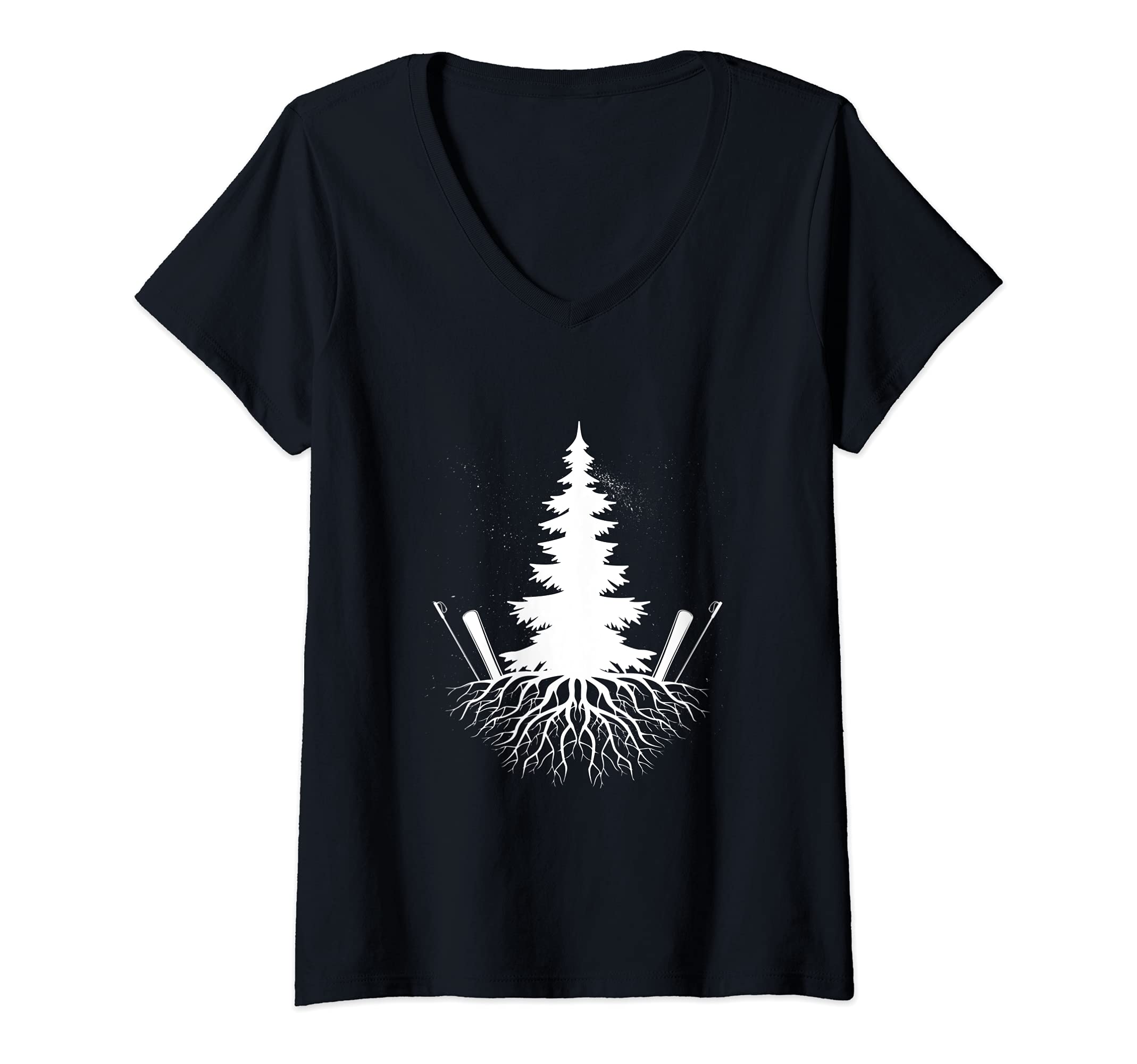 Womens Tree Nature Snow Ski Mountains Skies Sporty Skiing V-Neck T-Shirt