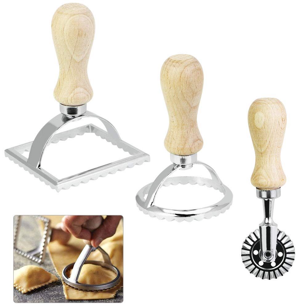 CODIRATO 3 PCS Ravioli Stamp Set Ravioli Cutter with Wooden Handle Ravioli Maker for Making Ravioli, Empanadillas or Cookies