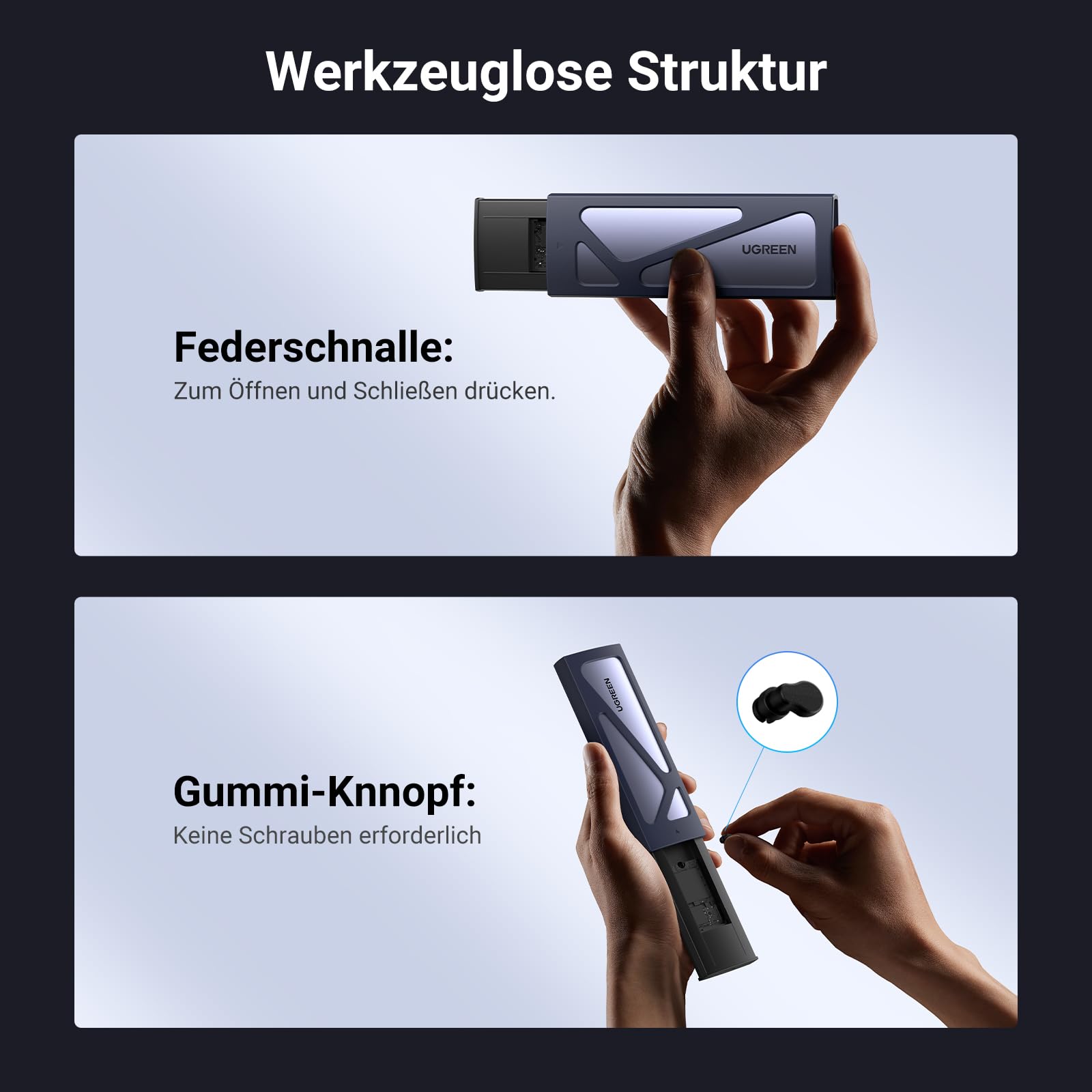 UGREEN NVMe M.2 USB 3.2 SSD Gehäuse-Adapter mit Kühlkissen 10 Gbps, M.2 NVMe Festplatten Docking Station für NVMe PCIe M-Key/M+B Key in 2230/2242/2260/2280 mit USB CC und AC Kabel Werkzeuglos(Silver) 6