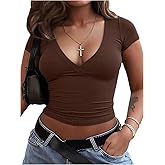 SOLY HUX Women's Deep V Neck Cropped T Shirts Short Sleeve Fitted Basic Tee Tops