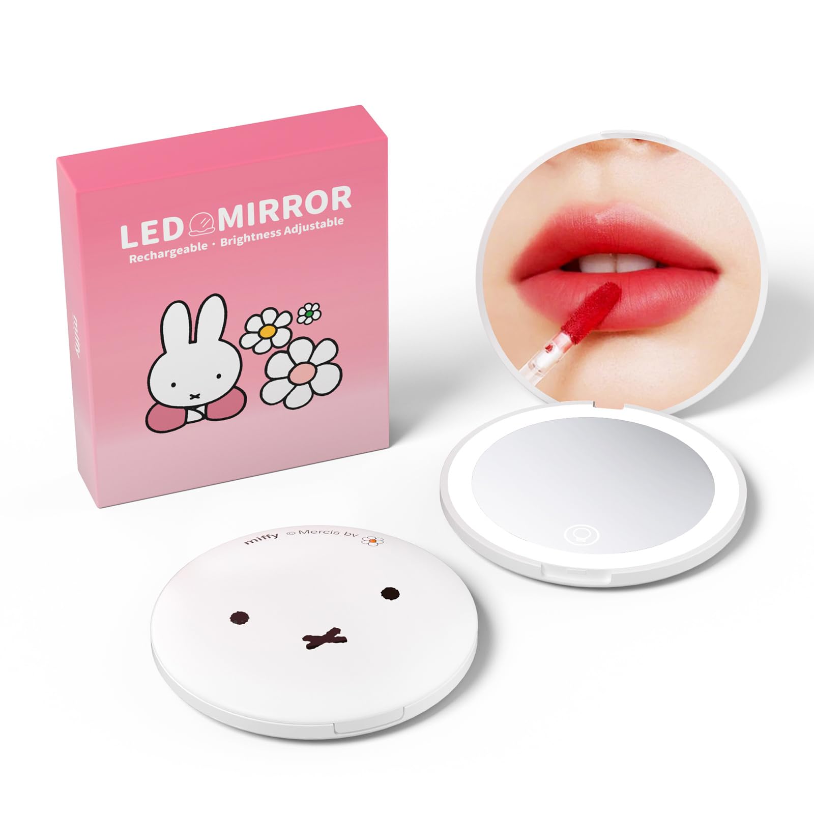 Photo 1 of Miffy Handheld LED Makeup Mirror, Foldable 2-Side 1x/10x Magnification,Pocket Small Lighted Mirror for Travel, Face Shape (White)