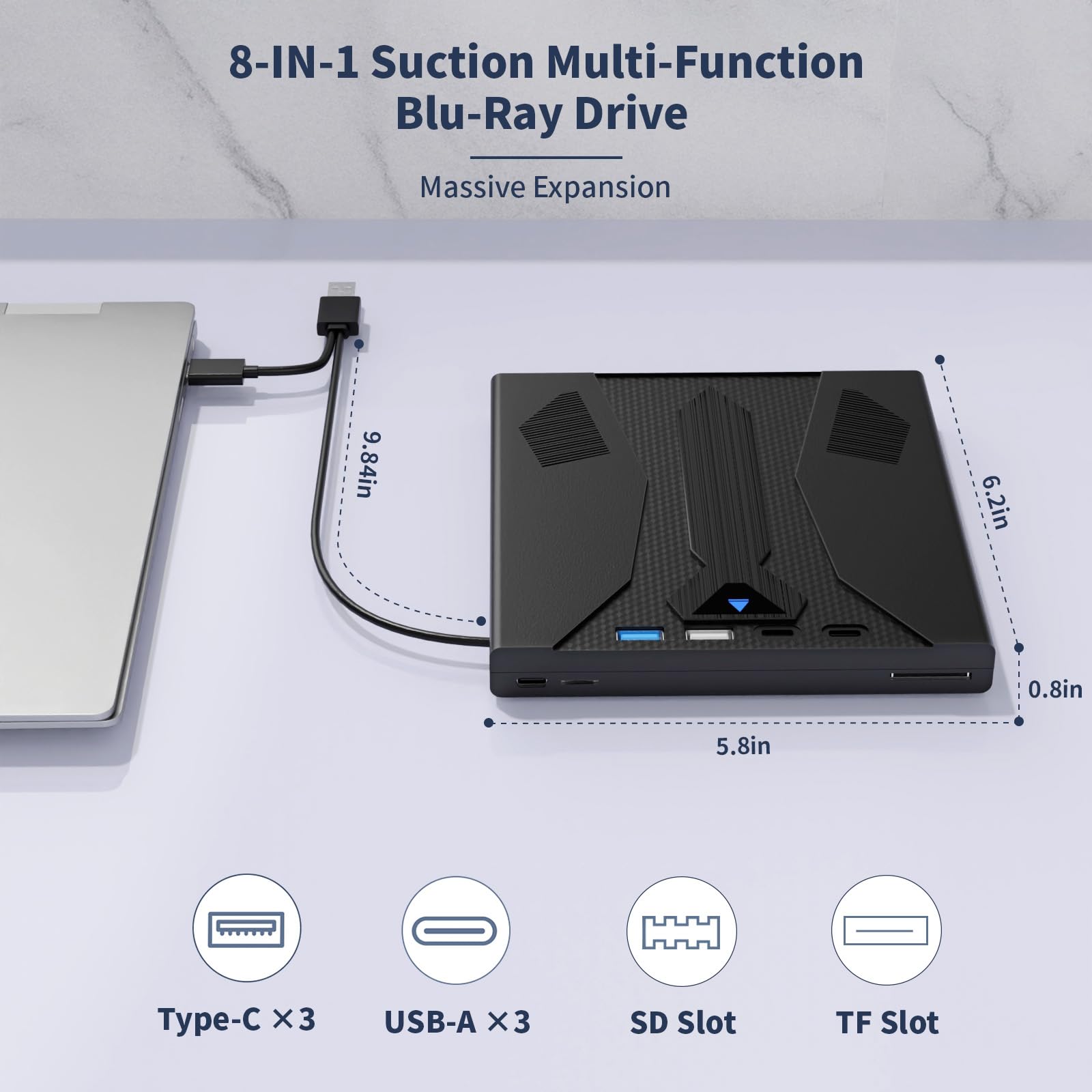 8 in 1 External Blu Ray Drive, Support 100G Disc USB 3.0 and Type-C Blu Ray Burner Portable Blu Ray DVD/CD/BD Player, 3D Optical Bluray Drive Compatible with Windows Macos for MacBook Laptop Desktop