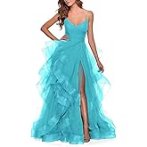 Tiered Tulle Prom Dresses 2026 Long Sparkly Tulle Ball Gowns A Line Women V-Neck Formal Evening Party Gown with Slit
