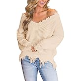 LAMISSCHE Womens Loose Knitted Off The Shoulder Sweater Solid V Neck Long Sleeve Pullover Ripped Crop Top