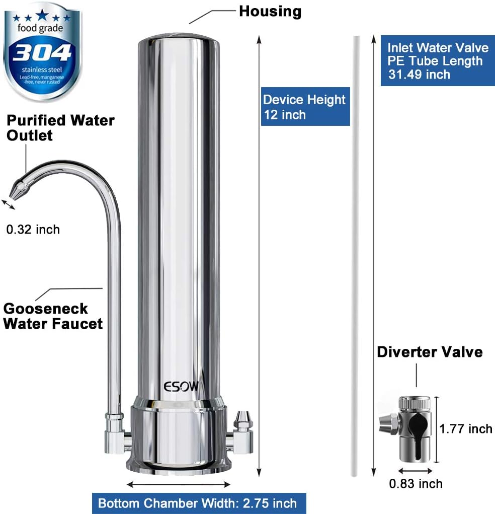 ESOW Countertop Water Filter, 304 Stainless-Steel Drinking Water Purifier, High Water Flow Tap Water Filter, Filtered Water Dispenser for Home, Kitchen Tap & Bathroom Sink, Fits Standard Faucets: Home & Kitchen