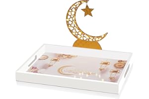 Krismax Serving Tray Ramadan Tray Eid Decoration Ramadan Kareen Moon Star Tray Home Table Decor Wooden Tray with Handle Charcuterie Board Cheese Board for Party Food Snack Cookie Serve Plates