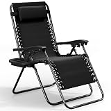 Nestl Zero Gravity Chairs, Portable Patio Lounge Chair Outdoor with Pillows & Cup Holder Trays, Adjustable Steel Mesh Reclining Camping Chair, Folding Patio Lawn Chair for Deck, Beach, Yard - Black