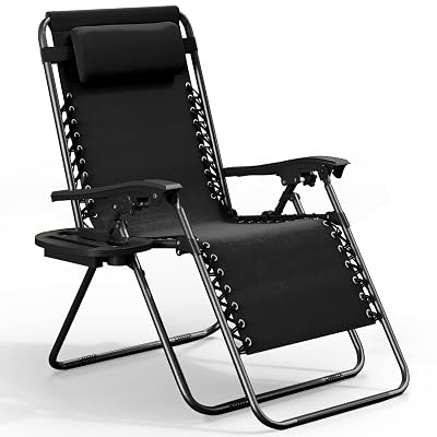Nestl Zero Gravity Chairs, Portable Patio Lounge Chair Outdoor with Pillows & Cup Holder Trays, Adjustable Steel Mesh Reclining Camping Chair, Folding Patio Lawn Chair for Deck, Beach, Yard - Black