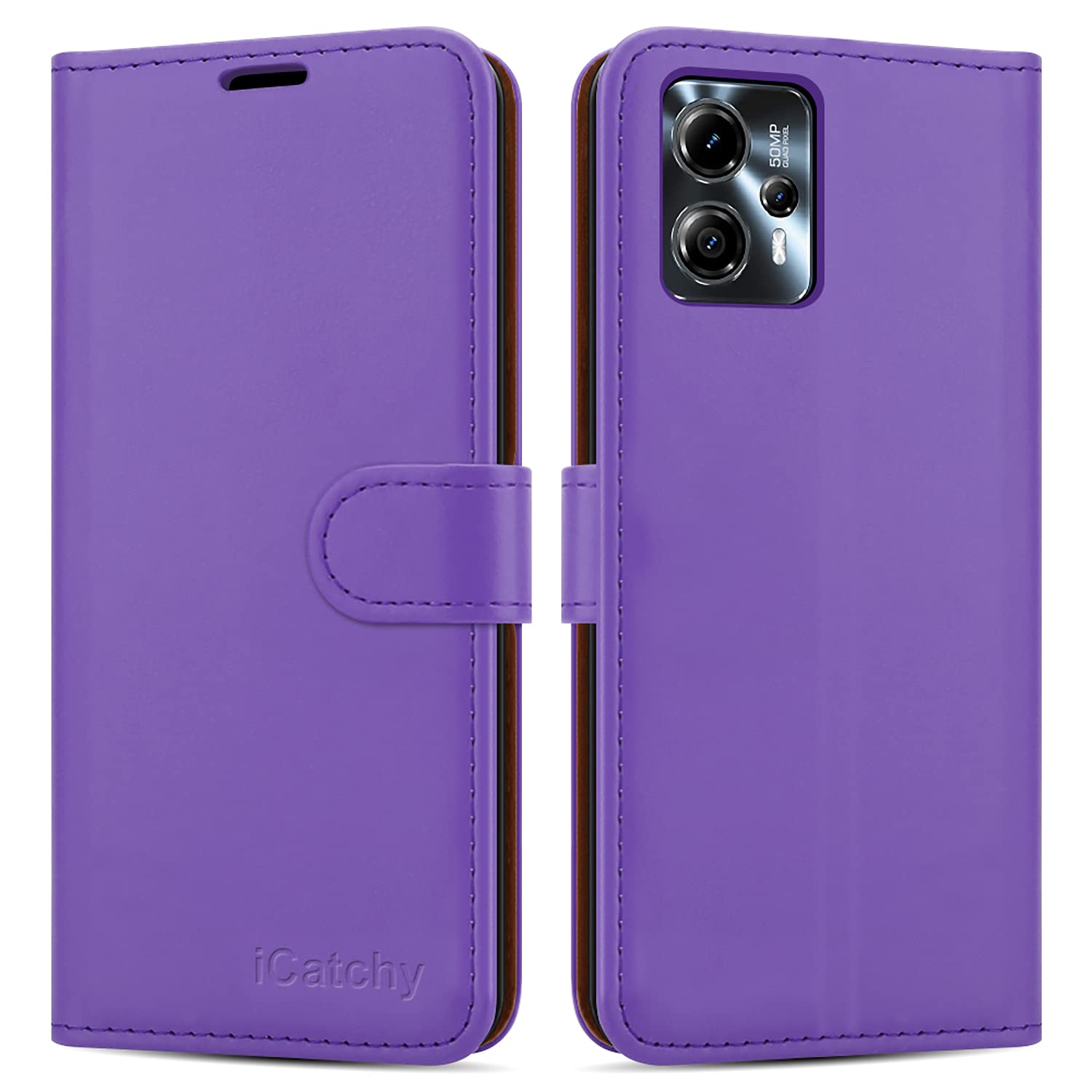 iCatchy Case for Motorola Moto G13 / G23 / G53 5G Leather Wallet Book Flip Folio Stand View Cover with Card Slots and Kickstand Phone cover (Lilac)