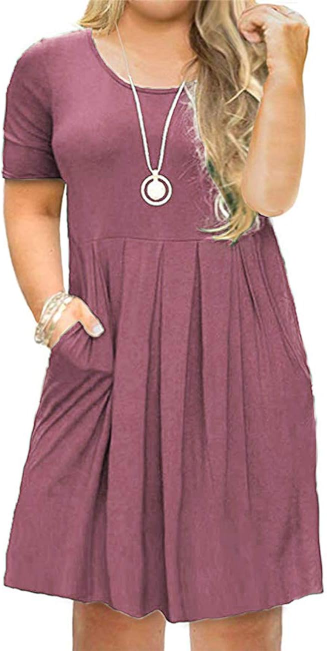 AUSELILY Women's Plus Size Round Neck Pleated Loose Swing Casual Dress with Pockets Knee Length at  Women’s Clothing store