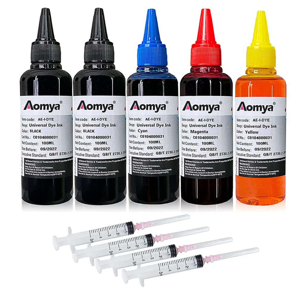 Aomya 500ml Universal Dye Ink Refill Kit for HP Canon Epson Brother Lexmark Ricoh Printers Compatible Cartridges Refillable Cartridges CISS CIS System 4 Color Set with 4 Free Syringes (2BK, C, M, Y)