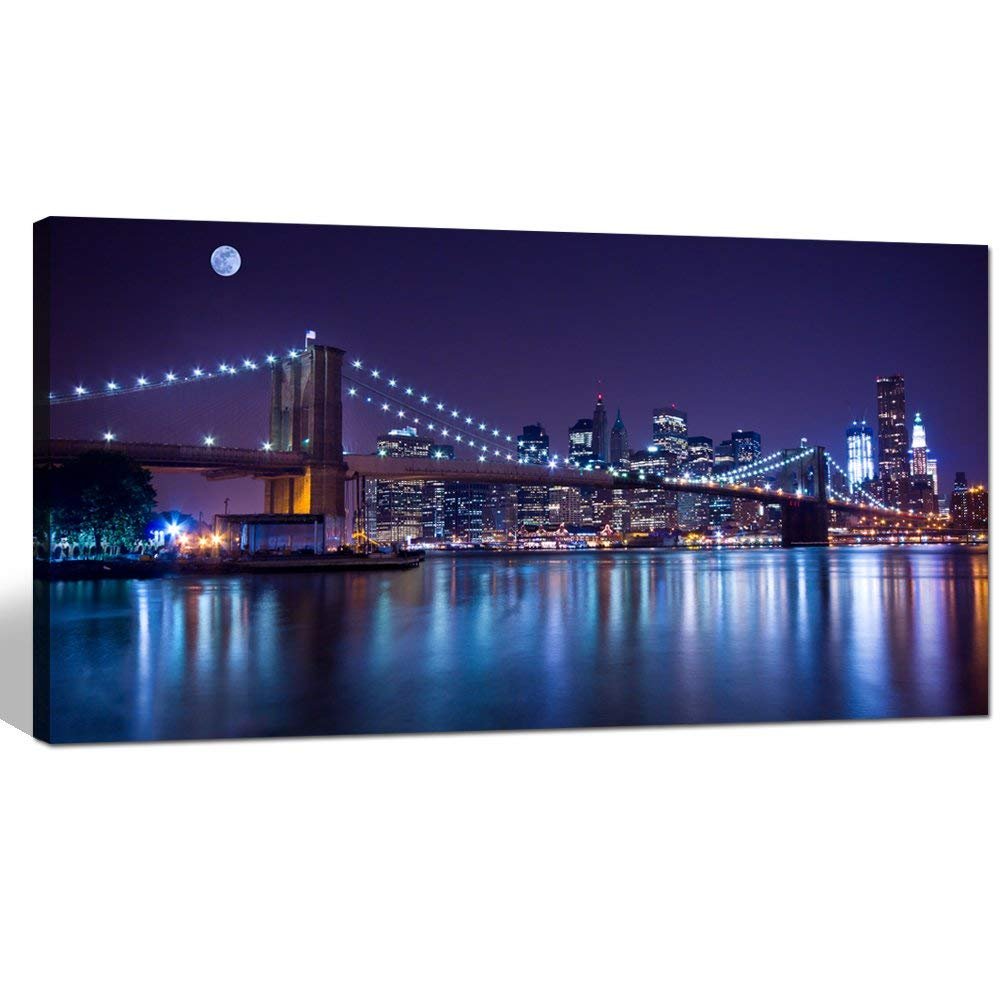 Sea Charm- Brooklyn Bridge Canvas Wall Art,Large Size 24"x48" Modern New York City Canvas Print,Manhattan Skyline Illuminated with Full Moon Giclee Wall Art,Framed and Ready to Hang
