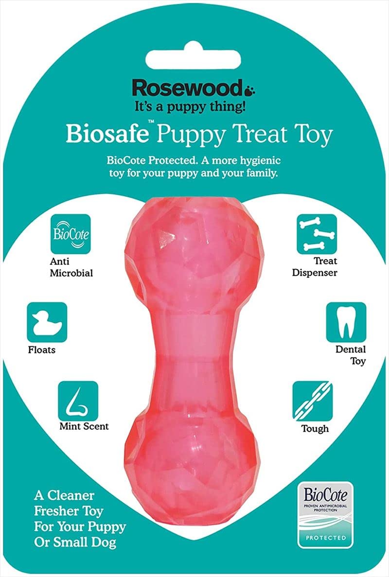 Rosewood BioSafe Dumbbell Treat Toy for Dogs and Puppies - Durable, Hygienic, Interactive Puppy Toy, Mint Scented, Antimicrobial, Promotes Dental Health, Suitable for All Dog Breeds, Pink