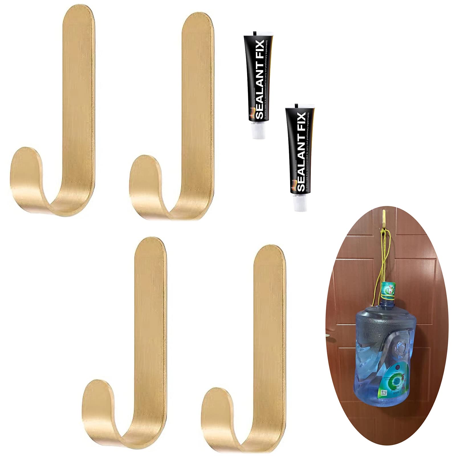 zzmikiteck Brass Towel Hooks - Self Adhesive, Heavy Duty Robe Hooks for Door & Wall Decoration (4 Pack)