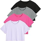 Xelky Womens Crop Casual Tops Tshirt Cotton Loose Workout Short Sleeve Round Neck Tee Yoga Running Shirts 4 Pack