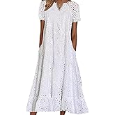 SOMTHRON Women's Summer Floral Lace Eyelet Dress Short Sleeve Ruffle Hem Pleated Midi Tunic Dress with Pocket