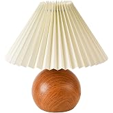 KUNJOULAM Cute Small Pleated Lamp, Modern Bedside Nightstand Light with Beige Lampshade, Wooden Pattern Metal Base Desk Lamp 