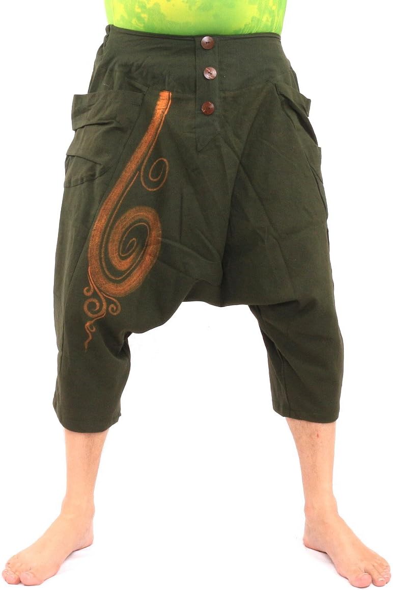jing shop Harem Pants Short Boho Chic Cotton One Size Swirl Print Green