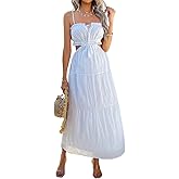 Sumleno Women's 2026 Summer Bohemian Maxi Dresses Spaghetti Strap Cutout Tie Back Tiered Flowy Dress Vacation Beach Outfits