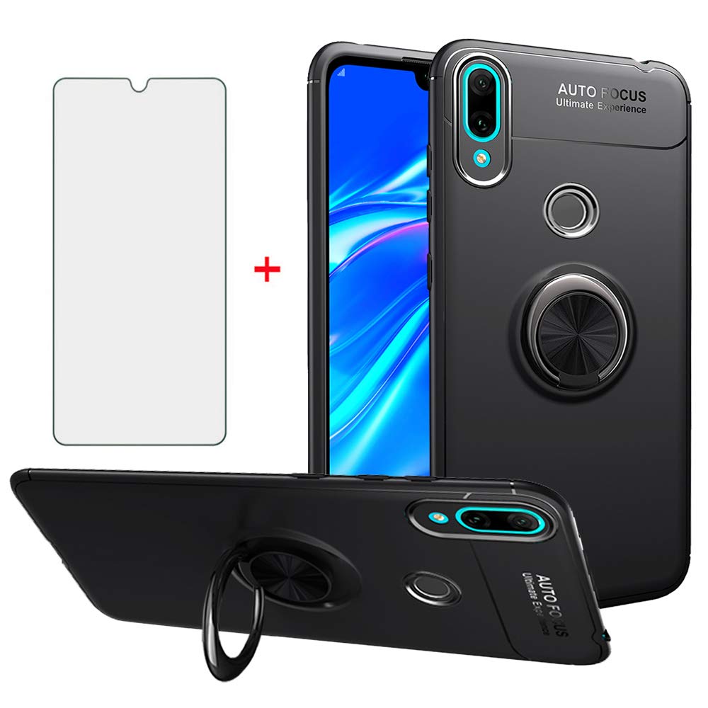 Phone Case for Huawei Y7 2019/Y7 prime 2019/Y7 Pro 2019 with Tempered Glass Screen Protector Cover and Magnetic Stand Ring Holder Kickstand Accessories Shockproof Hawaii Hwauei Silicone Rubber Black