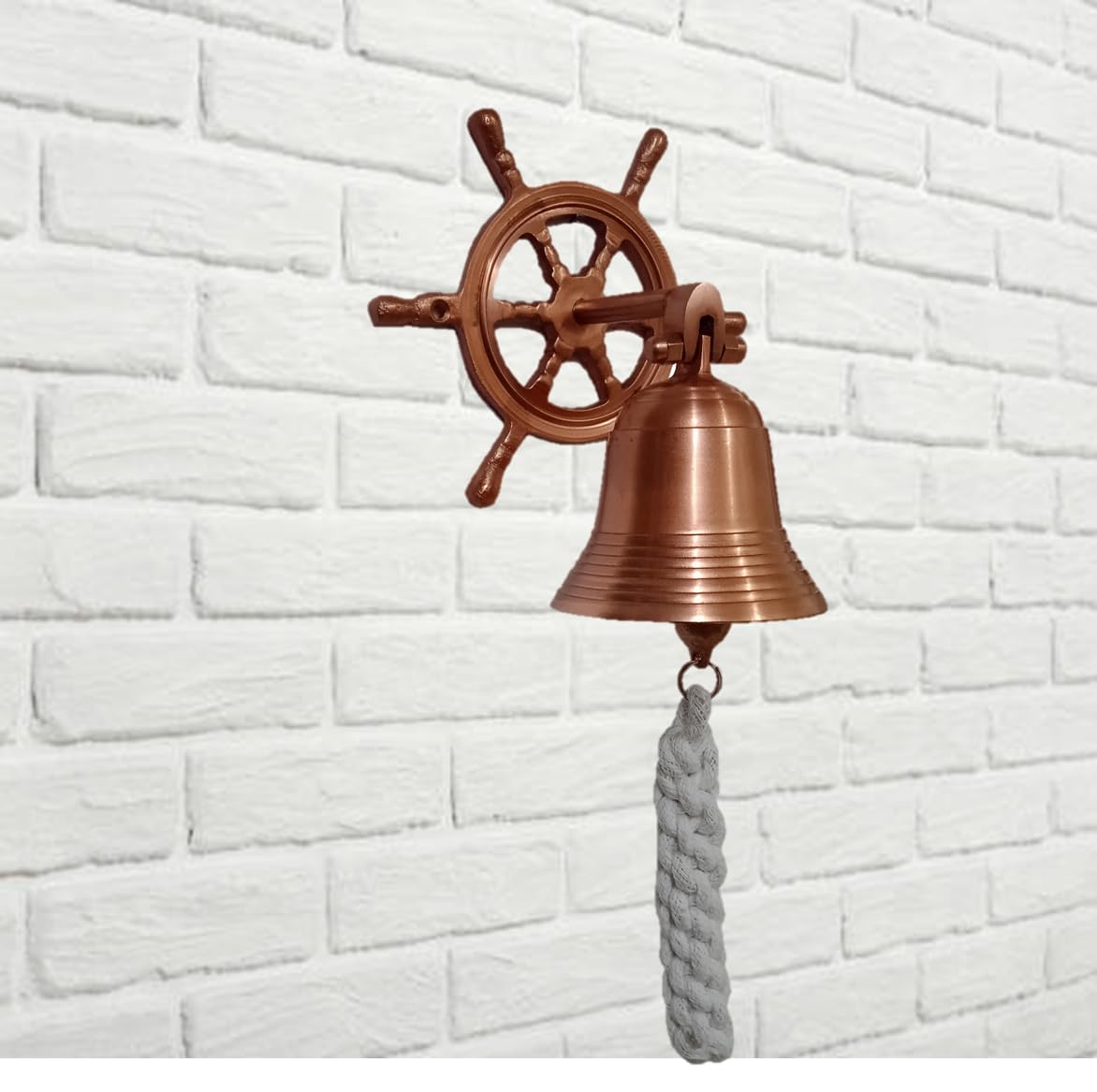 Purpledip Brass Nautical Bell with Captain's Wheel Hook: Pirate Ship Marine Wall Hanging, Copper (11402B)